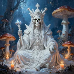 fine painting of the white shaman of death from an ancient ice planet culture with mushrooms, candlelight, 8 k, ultra realistic, lens flare, atmosphere, glow, detailed, intricate, full of colour, cinematic lighting, trending on artstation, 4 k, hyperrealistic, focused, extreme details, unreal engine 5, cinematic, masterpiece