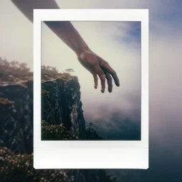 a giant hand reaching over a foggy cliff, polaroid,