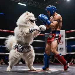 samoyed dog competing in muay thai kickboxing fight, photorealistic, 4k, dramatic and cinematic