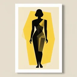 silhouette illustration art print, full body figure of woman, geometric, abstract style, cubism, yellow, beige background, by gary hume, augustin edouart, trending on society 6