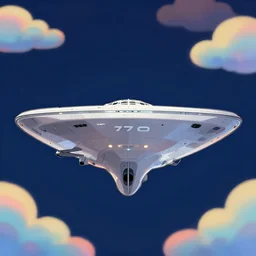 a frontal drawing of the starship enterprise ncc - 1 7 0 1 centered with a dark blue background and colorful clouds with stars by takashi murakami, beeple and james jean, aya takano color style, trippy, 8 k, super detailed, night sky, digital art, digital painting, clean