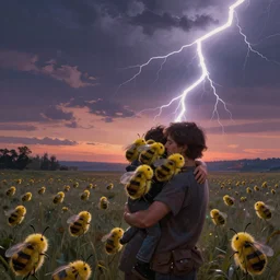 a man receiving a thousand hugs from ten thousand lightning bugs, beautiful painting, twilight, sunset, artstation