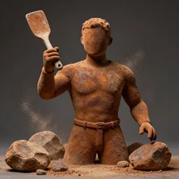 highly detailed photography of a men made of rust clay, big rocks, hand gesture, sharp focus, dust particles, dramatic scene, aesthetic, dynamic lighting, elegant, harmony, masterpiece, by roberto ferri, by javier marin, high quality, spatula