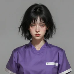portrait of a woman by greg rutkowski, she is about 3 0 years old, messy black bob hair, pale round face, tired eyes, she is wearing a purple nurse jumpsuit, highly detailed portrait, digital painting, artstation, concept art, smooth, sharp foccus ilustration, artstation hq