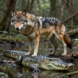 chimera made of a wolf and a crocodile, photo of wolf, photo of crocodile, trending on deviantart, trending on pixiv,  photo realism, realistic wood swamp, high quality photoshop artwork utilizing professional photographs