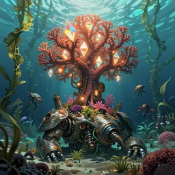 an underwater city comprised of light built with magic surrounding a large coral tree in the center of a kelp forest built in the side of a giant mech half buried in the sand and trying to save the planet one plant at a time, set in the distant future, plants, light prisms, rainbow diffraction, steampunk, cyberpunk, robots, warm lights, anime, vhs distortion, art style mimics starlight brigade by game grumps