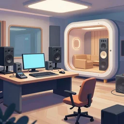 a beautiful illustration of futuristic music studio, audio equipments, capsule hotel, big medium small, golden ratio, in watercolor gouache detailed paintings, in style of syd mead, trending on artstation, 8 k, panel, hard surface, vent, zaha hadid, props, plant, cozy, decoration around the room, simon stalenhag, deus ex