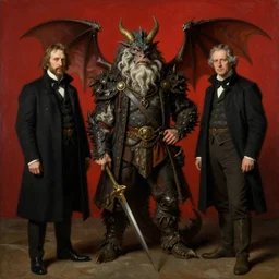 Solomon Joseph Solomon and Richard Schmid and Jeremy Lipking victorian genre painting portrait painting of a old rugged dragon character in fantasy costume, red background