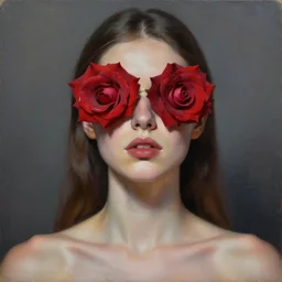 hyperrealism oil painting, fashion model portrait, eyes covered with roses