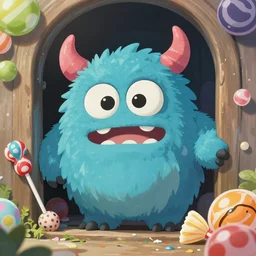 A cute candy monster sneaking, extra detailed, digital illustration, by Makoto Shinkai and thomas kinkade, digital painting, Matte painting, trending on artstation and unreal engine