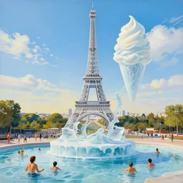 a cubistic painting of a dancing ice sculpture eiffel tower in paris with melting ice cream of the paris skyline on a very sunny bright summer day, very hot and the ice is melting fast and people are swimming in the icecream in the style of james jean and fernando botero