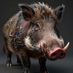 beauty woman mixed with a warthog,  detailed face, very detailed, dramatic lighting, electrical details, high details, 4k, 8k, trending on artstation, by Greg Rutkowski, Wayne Barlowe, Hajime Sorayama and Boris Vallejo