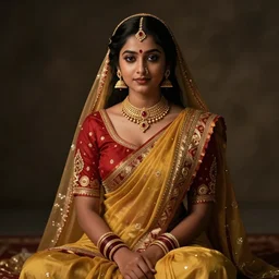 beautiful young sita wearing bihu mekhela costume ; portrait by artgerm and tom bagshaw ; trending on artstation ; award winning, cinematic natural dramatic lighting, studio photography by annie leibovitz