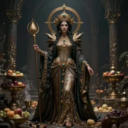 a full body portrait of a goddess of feast and famine, ominous, cinematic shot, realistic, photography, fantasy, ornate, intricate detail, finely detailed, photorealistic, epic, high definition, 8 k, midjourney, deviantart, ( ( steve mccurry ) )