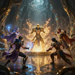 5 dota fantasy characters fight with magic in big cave, action scene, lumen reflections, sharpened, insanely detailed and intricate, hypermaximalist, elegant, ornate, hyper realistic, super detailed, digital art, bokeh blur