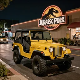 Jurassic Park jeep in a drive thru at night, wide angle photograph