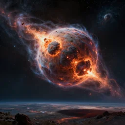 a fuzzy ball of radioactive plasma burning across the universe at faster than light speeds, leaving a long wake of exotic particles, crazy good painting