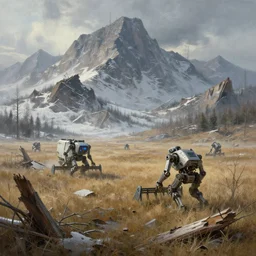 landscape painting of destroyed meadows with destroyed mountainrange in background, cyber war, robot harvester walking, ai enemy, cyber war, dystopian wasteland, destroyed nature, apocalyps, winter, fine details, magali villeneuve, artgerm, rutkowski