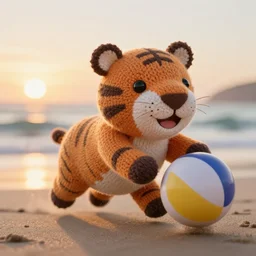 a closeup photorealistic photograph of a cute smiling knitted tiger hippopotamus chasing a beachball during sunset. surf in background. professional capture. this 4 k hd image is trending on artstation, featured on behance, well - rendered, extra crisp, features intricate detail, epic composition and the style of unreal engine.