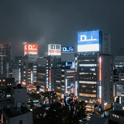 japanese cityscape, at night, high rises, billboard ads, neon signs, overcast, foggy, raining, depressing, ominous, imposing, industrial, view from above, dramatic illumination, multi colored lighting, highly detailed, ultra realistic, 8 k, cityscape photography, by nathan walsh