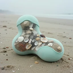 soft biomorphic object out of stocking - like material and nets that fills with various objects like spices, sand and shells by ernesto neto, light - mint color stay on sand sea coast, on the low fog, film still from the movie directed by denis villeneuve with art direction by zdzisław beksinski, parts by denis villeneuve close up,