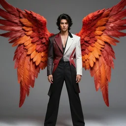 full body portrait of angel avan jogia in a modern clothes, with large red - orange wings. detailed face, concept art, intricate, highly detailed 8 k, smooth, sharp focus, handsome and aesthetic shape of face and body, artgerm, artstation, art by zexi guo and nira and junpei suzuki and gharliera and rinotuna