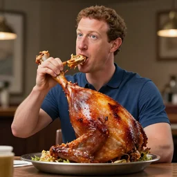 mark zuckerberg eating a giant turkey leg, unreal engine 5, hyper realistic, uncanny valley