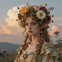 burlesque elf, flowers in hair, fantasy character portrait, soft clouds, floral sunset, ultra realistic, concept art, intricate details, art nouveau, japanese woodblock, cinematic, highly detailed by arthur rackham