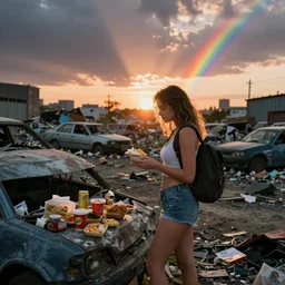 wide photo of sexy young woman in mini short with backpack looking at food at garbage dump, destroyed cars, city is pure wasteland, moody sunset background, rays of sunlights, ( ( ( rainbow ) ) ), high details, sharp, photorealism, greg rutkowski, artgerm, unreal engine, highly detailed