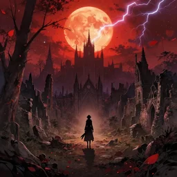 soulless bloodborne old valley with a obscure person at the centre and a ruined gothic city in the background, trees and stars in the background, falling red petals, epic red - orange moonlight, perfect lightning, wallpaper illustration by niko delort and kentaro miura, 4 k, ultra realistic