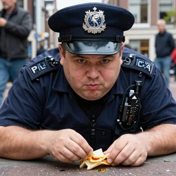 closeup portrait of a fat police officer eating from the ground in an amsterdam street, natural light, sharp, detailed face, magazine, press, photo. steve mccurry, david lazar, canon, nikon, focus