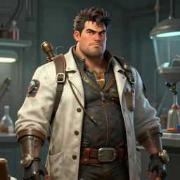 A ruggedly handsome, slightly chubby male dieselpunk scientist in a lab coat, stubble, visualartzi, dieselpunk, anime, concept art by Karla Ortiz, James Paick, Charlie Bowater, Krenz Cushart, highly detailed, ultra detailed, ultra realistic, trending on artstation, cgstudio