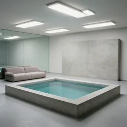 upholstered sofas, fluorescent ceiling lighting, rectangular water pond!, a large minimalistic concrete rectangular! room!, a tilt shift photo by leandro erlich, featured on cg society, kitsch movement, hall of mirrors, high dynamic range, studio portrait