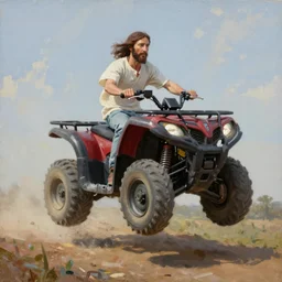 jesus riding a quad off a jump, oil painting