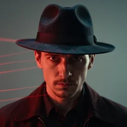 man wearing a dark fedora hat, stunning dramatic picture with red lines, cinematic colour palette with iridescent highlights, by andrei riabovitchev