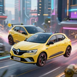 octane render of new cyberpunk flying hover version of Renault sandero from 2077 in the city of future by syd mead