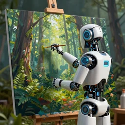 a robot painting a forest in a canvas, unreal engine, high detailed, octane render
