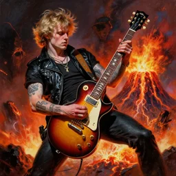 vitalik buterin shredding on a gibson les paul, painting by frank frazetta, heavy metal artwork, bad motherfucker playing a face - melting solo while a volcano erupts, high intensity ethereum marketing