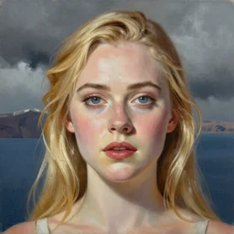 professional painting of Elle Fanning in Santorini in the style of Conrad Roset and Dino Valls, head and shoulders portrait, symmetrical facial features, smooth, sharp focus, illustration, intricate, stormy weather, extremely detailed masterpiece,