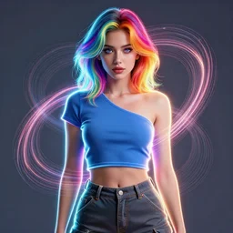 a award winning portrait of a beautiful woman with stunning eyes in a one off shoulder crop top and cargo pants with rainbow colored hair, outlined by whirling illuminated neon lines and fine lines swirling in circles by greg tocchini, digital art, trending on artstation