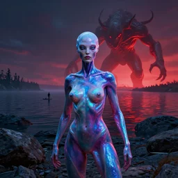 iridescent, portrait, neon body, rocky lake shore, alien woman, a otherwordly huge monster is appraching from the horizon, glowing red, dynamic poses, by edgar maxence and ross tran, zdzisław beksinski, and michael whelan, distant, gustav dore, h. r. giger, 8 k, octane render
