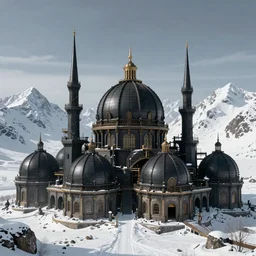 the garlean empire, industrial citadel of black domes and spires, snow capped mountains