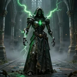 character design, biomechanical arcanist in church on pathway to castle, tattered robe and hood, green lightning, fog, scary, arrogant, hostile, photorealistic, cinematic, hyper realistic, octane render, 8 k, full shot