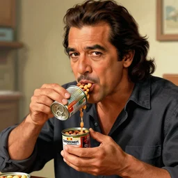 danny trejo eating from a can of beans, digital illustration, in the style of greg rutkowski, amazing detail, epic