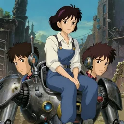 a film still portrait of a 1 9 5 0's hair style woman mechanic sit on top of a gigant robot, dieselpunk, finely detailed features, closeup at the faces, perfect art, at an ancient city, gapmoe yandere grimdark, trending on pixiv fanbox, painted by greg rutkowski makoto shinkai takashi takeuchi studio ghibli, akihiko yoshida