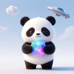 a wholesome key shot of a cute panda holding a glowing tesseract, an alien space ship up in the sky at the background, low shot angle, studio ghibli, pixar and disney animation, sharp, rendered in unreal engine 5, anime key art by greg rutkowski and nixeu, full bloom, vibrant lighting