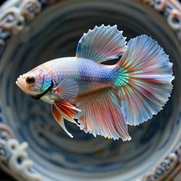 a photo - real delicate ceramic porcelain sculpture of an ornate detailed betta fish in front of a intricate background by victo ngai and takato yamamoto, micro detail, backlit lighting, subsurface scattering, translucent, thin porcelain, octane renderer, colorful, physically based rendering, japanese pottery, trending on cgsociety