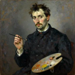 a painting of a man holding a brush and palette, a detailed painting by stanisław wyspianski, reddit, post - impressionism, picasso, studio portrait, ilya kuvshinov