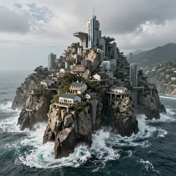 windy and high mountain water world, futuristic towns built high up on mountain tops, homes burrowed into the rocky cliffs, 1 0 0 0 - foot huge waves pound the cliffs below, sea spray, angular construction, highly detailed, dramatic lighting, ultra - realistic, 8 k,