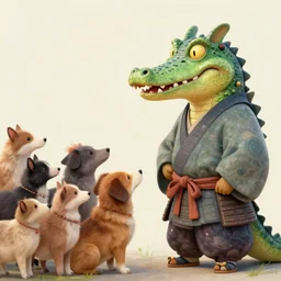 a magical fantastic samurai with a crocodile mask by monet, with animal clients lining up in front, made with millions of stroke, japanese inspiration, wonderful details, crazy colors 1 0 %, pale sober colors 9 0 %